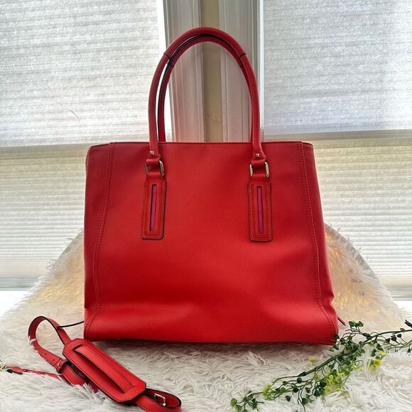 STELLA & DOT Madison Tech Red‎ Orange Pink Expandable Tote Shoulder Bag - Picture 2 of 12